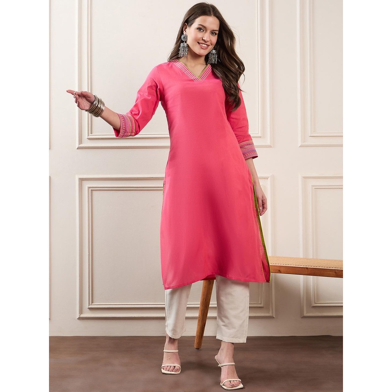House of Pataudi V-Neck Thread Work Pure Cotton Straight Kurtas