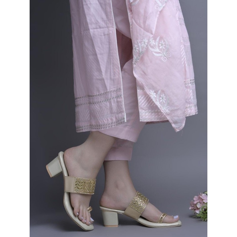 JM Looks Block Heel Slip-On Sandals with Glitter Strap & Toe Ring for Womens