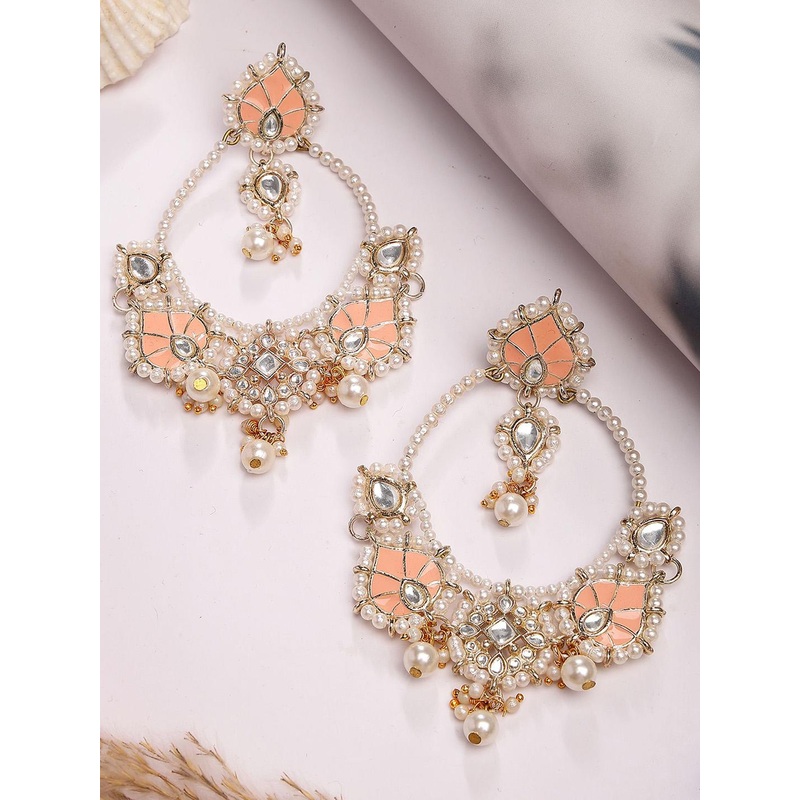 KARATCART Gold Plated Peach Enamel Kundan Drop Earrings