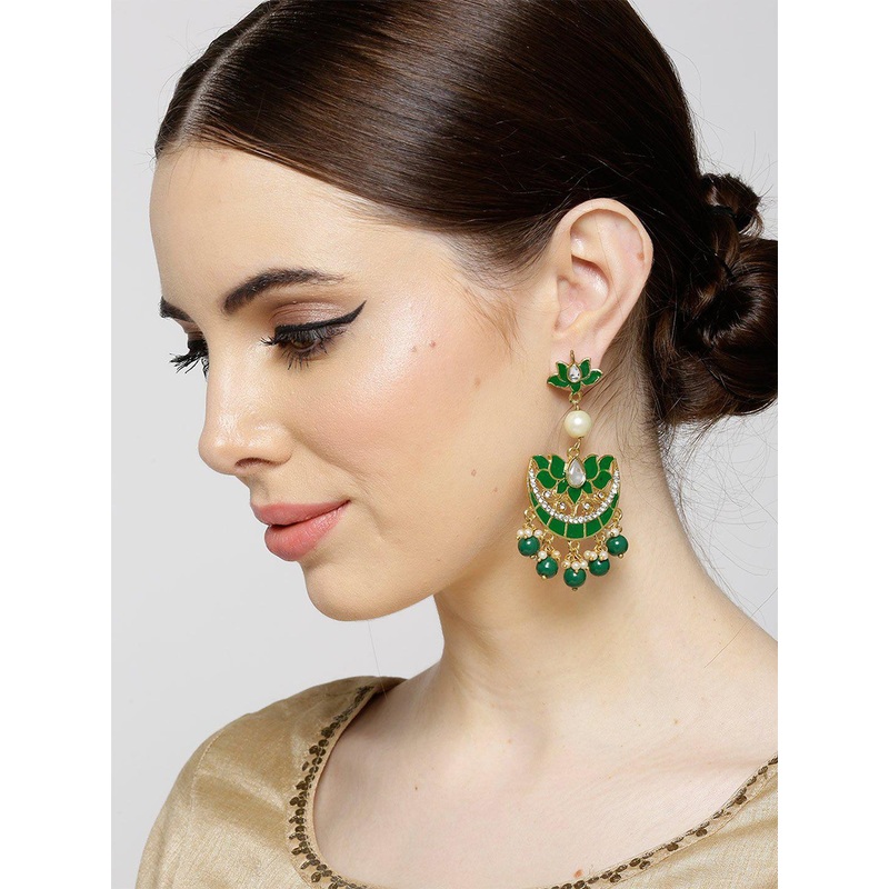 KARATCART Green Gold-Plated Beaded Enamelled Floral Chandbalis
