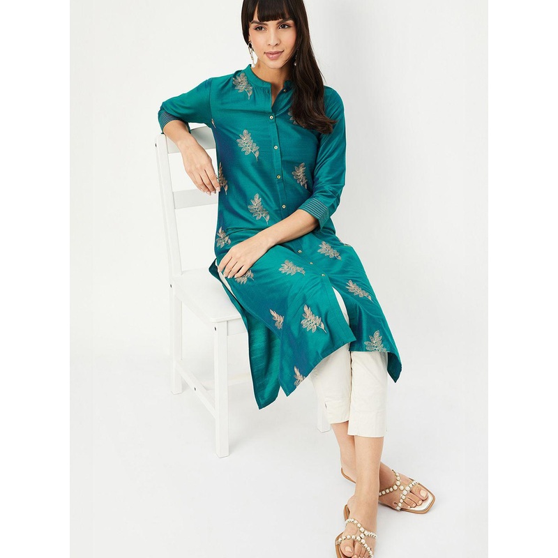 max Floral Embroidered Mandarin Collar Thread Work Straight Kurta