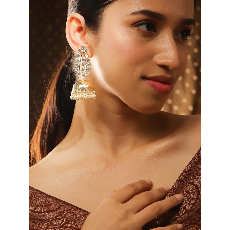 Rubans 18K Gold Plated Mirror Studded & Pearl Beaded Jhumkas Earrings