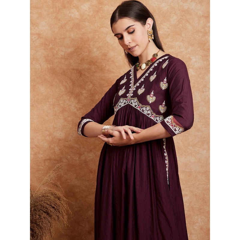 Sangria Alia Cut Ethnic Motifs Embroidered A-Line Kurta With Trouser