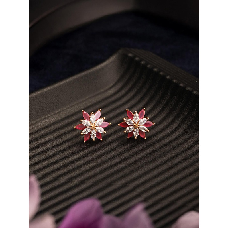 Saraf RS Jewellery Gold-Plated Magenta & White Floral Studs Earrings