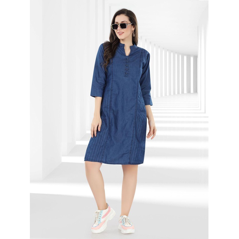 SK Creation Women Mandarin Collar Thread Work Denim Dress