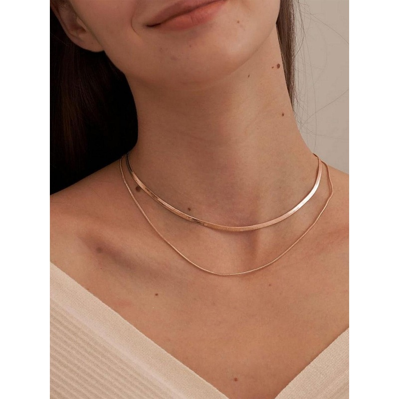 VAMA Women Set Of 2 Stainless Steel Rose Gold Plated Herringbone Snake Layered Chains