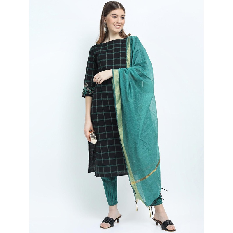 Vishudh Women Black & Teal Blue Checked Pure Cotton Kurta with Palazzo & Dupatta