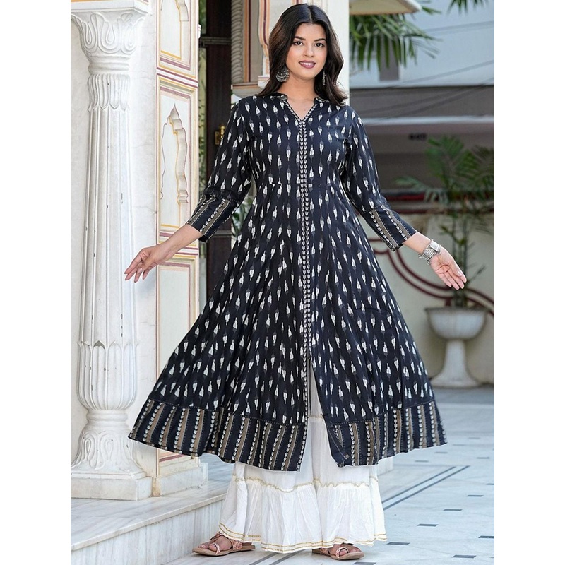 YASH GALLERY Ikat Printed Mandarin Collar A-Line Kurta