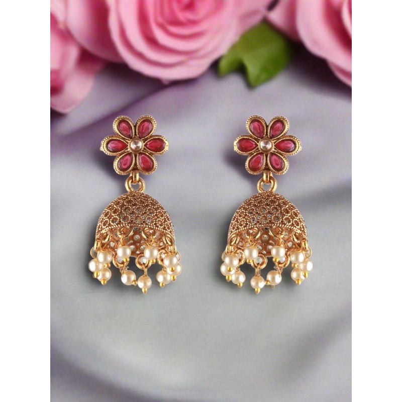 Anouk Gold-Plated Artificial Stone Studded and Beaded Pearls Beaded Dome Jhumkas