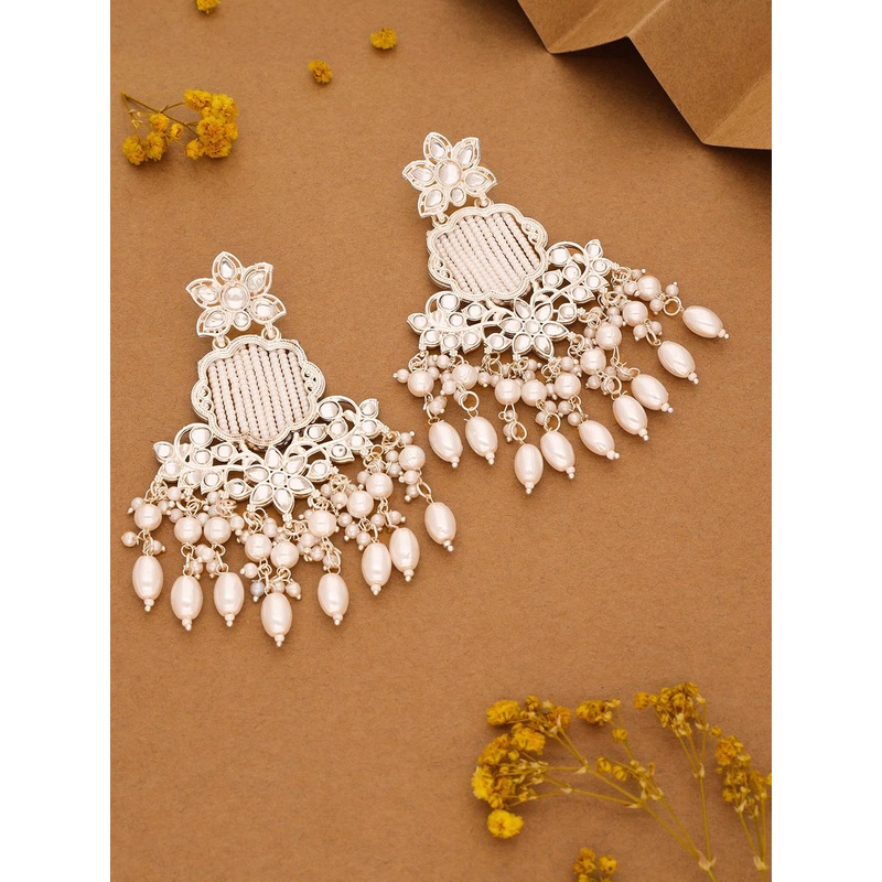 Anouk Gold-Plated Artificial Stones Studded & Beaded Floral Shaped Drop Earrings