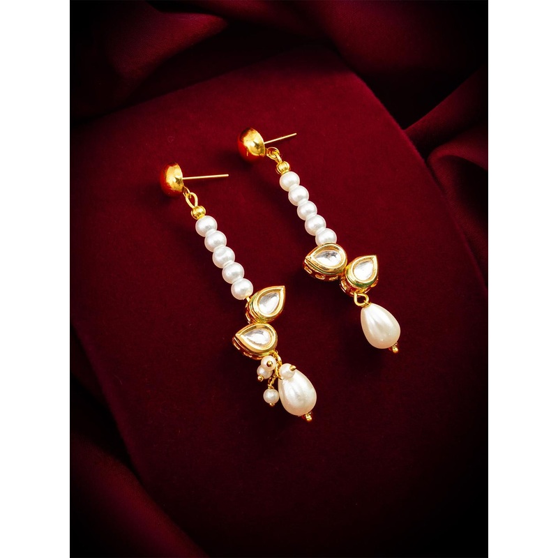 Anouk Gold Plated Kundan Stones Studded & Beaded Contemporary Drop Earrings
