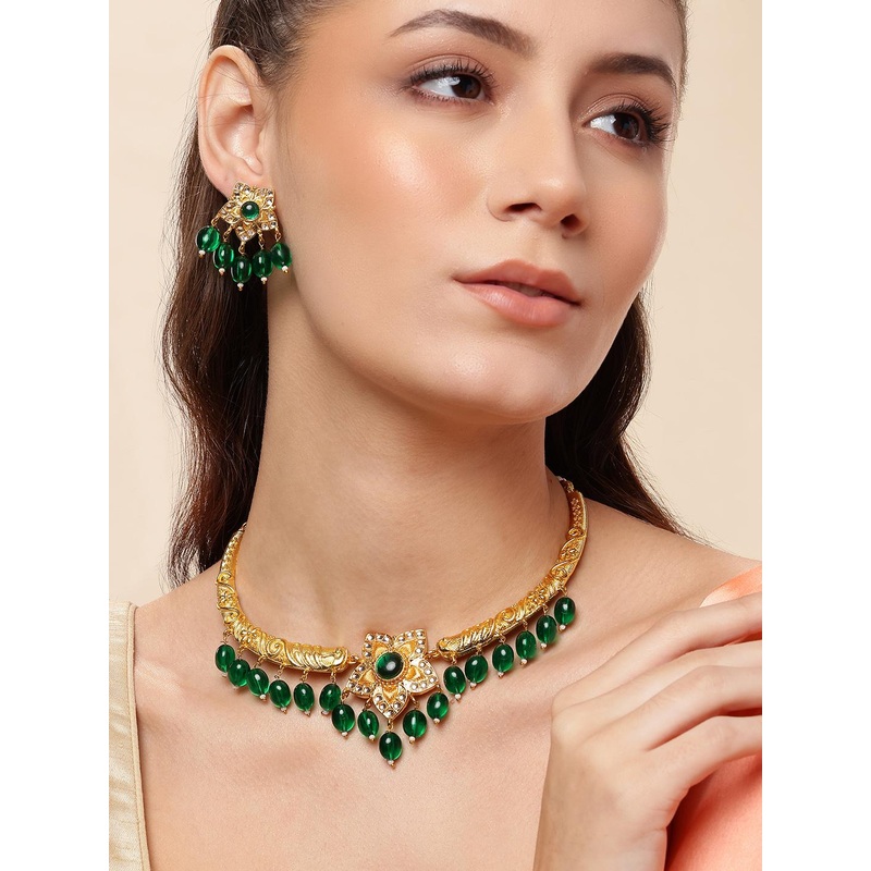 Anouk Gold-Plated Stone-Studded & Beaded Choker Jewellery Set