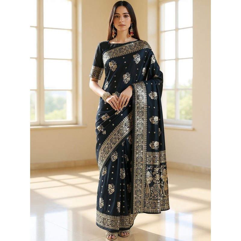 Anouk Rustic Ethnic Motifs Zari Silk Blend Heavy Work Banarasi Saree