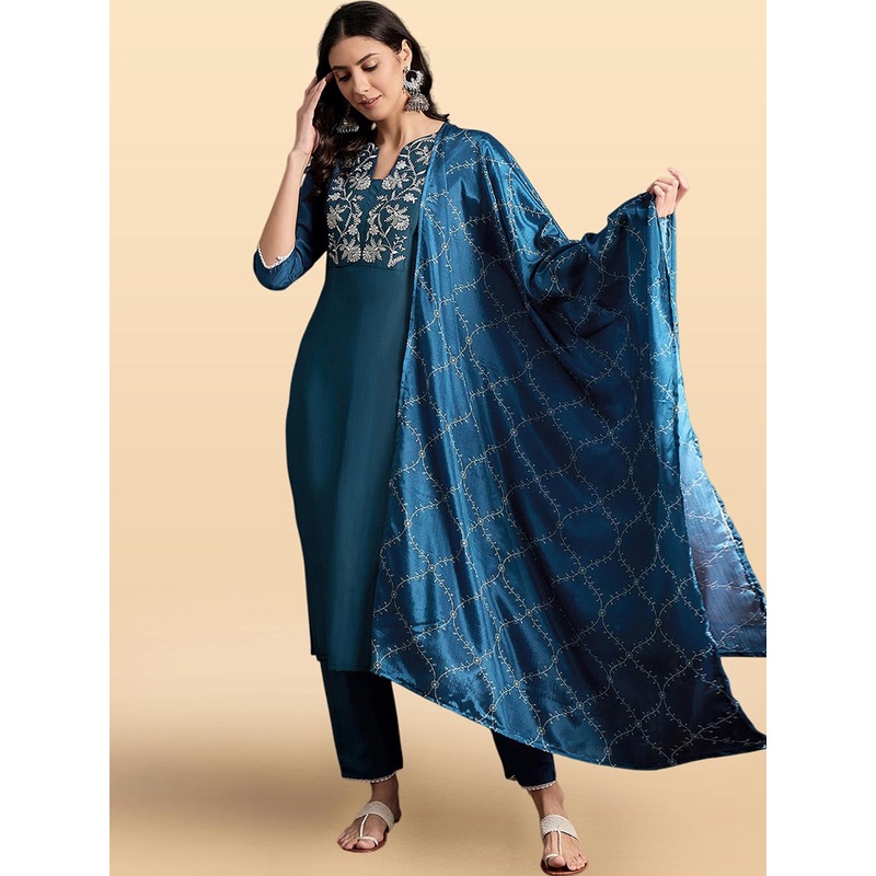 Anouk Rustic Women Floral Embroidered Regular Thread Work Kurta with Trousers & With Dupatta