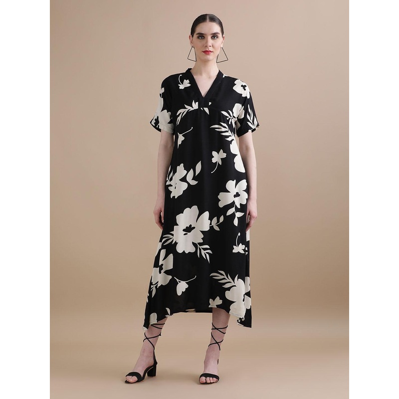 BLACK & BLAH BLAH Relaxed Fit Floral Printed A-Line Midi Dress