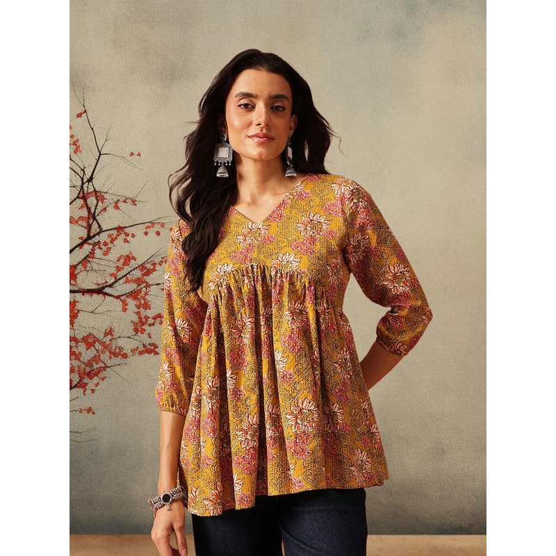 FEMBLISS Women Floral Printed Embroidered V-Neck Regular Tunic