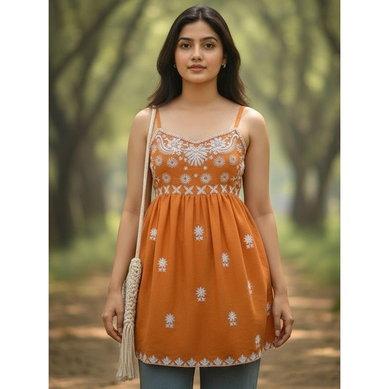 GoSriKi Floral Embroidered Shoulder Straps Thread Work A-Line Kurti