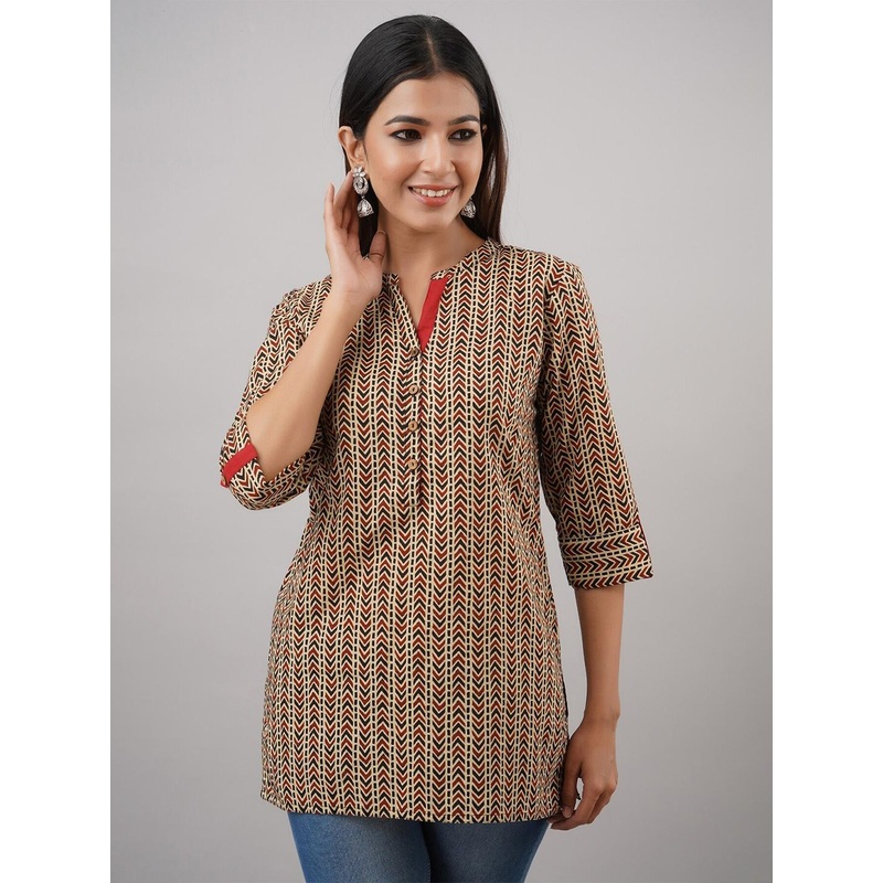 HERE&NOW Beige & Maroon Ethnic Motifs Printed Short Kurti