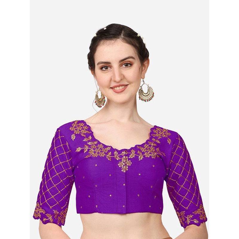 HERE&NOW Embroidered Silk Round Neck Saree Blouse