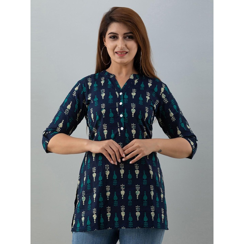 HERE&NOW Navy Blue & Beige Ethnic Motifs Block Printed Mandarin Collar Short Kurti