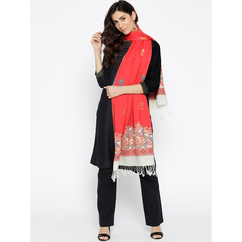 HK colours of fashion Women Coral Pink Woven Design Stole