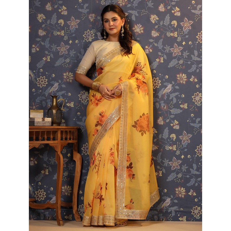 House of Pataudi Floral Printed Sequinned Organza Saree