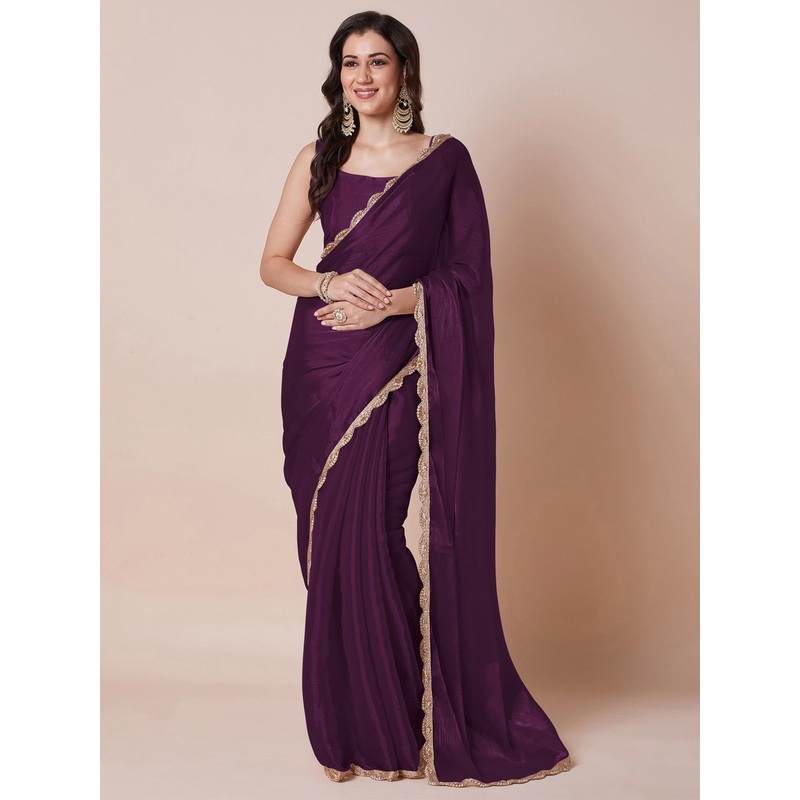 House of Pataudi Solid Embellished Detailed Saree With Matching Blouse