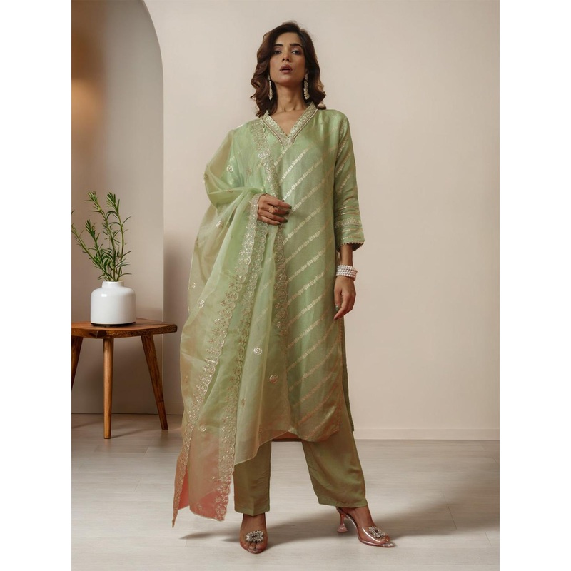 House of Pataudi Women Striped Regular Straight Calf Length Kurta Sets