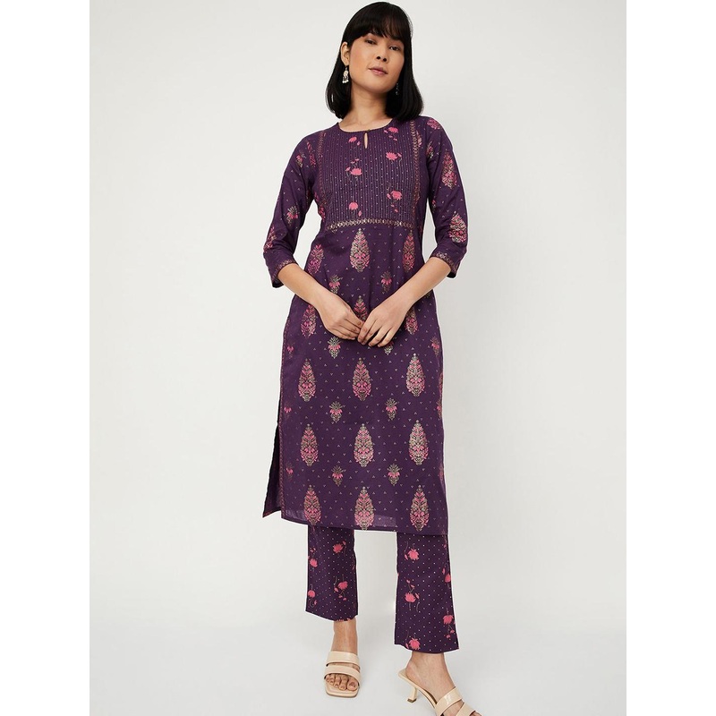 max Floral Printed Sequinned Pure Cotton Straight Kurta with Trousers & Dupatta
