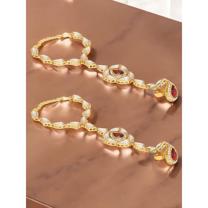 OOMPH Set of 2 Kundan Stone Studded Hathphool Hathpanja Ring Bracelets