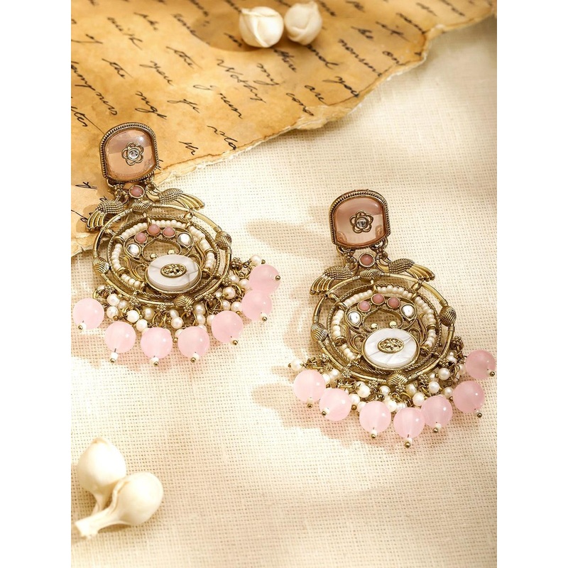 Rubans 18K Gold-Plated Artificial Stones Studded & Pearls Beaded Circular Drop Earrings