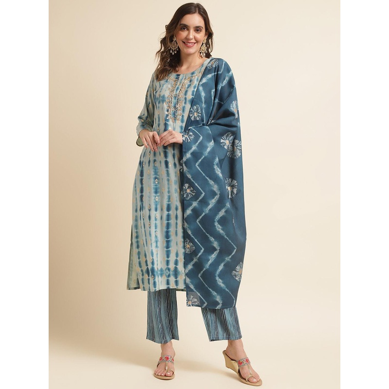 Sangria Blue Ethnic Motifs Printed Gotta Patti Straight Kurta With Trouser & Dupatta
