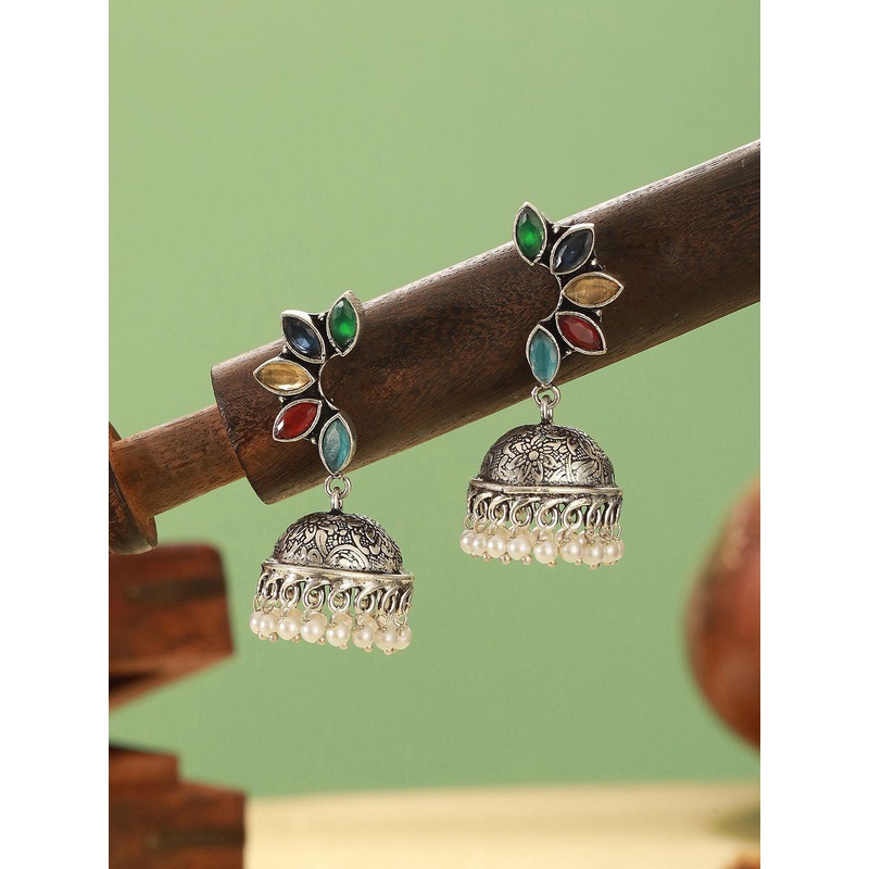 Saraf RS Jewellery Rhodium Plated Artificial Stones Studded & Beaded Oxidised Jhumkas
