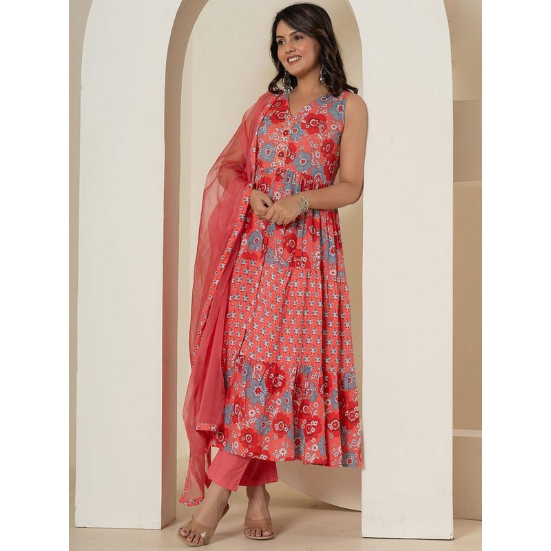 Yufta Floral Printed Tiered Pure Cotton A Line Kurta & Trousers With Dupatta