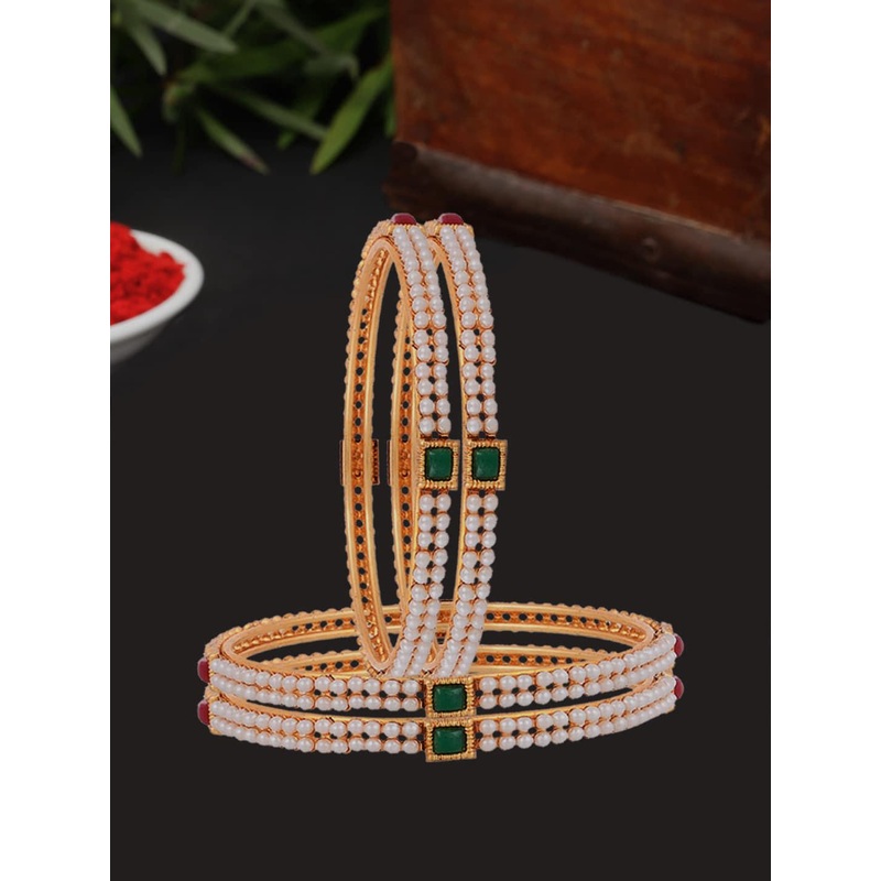 ZENEME Set Of 4Gold Plated CZ Studded Pearl Beaded Bangle