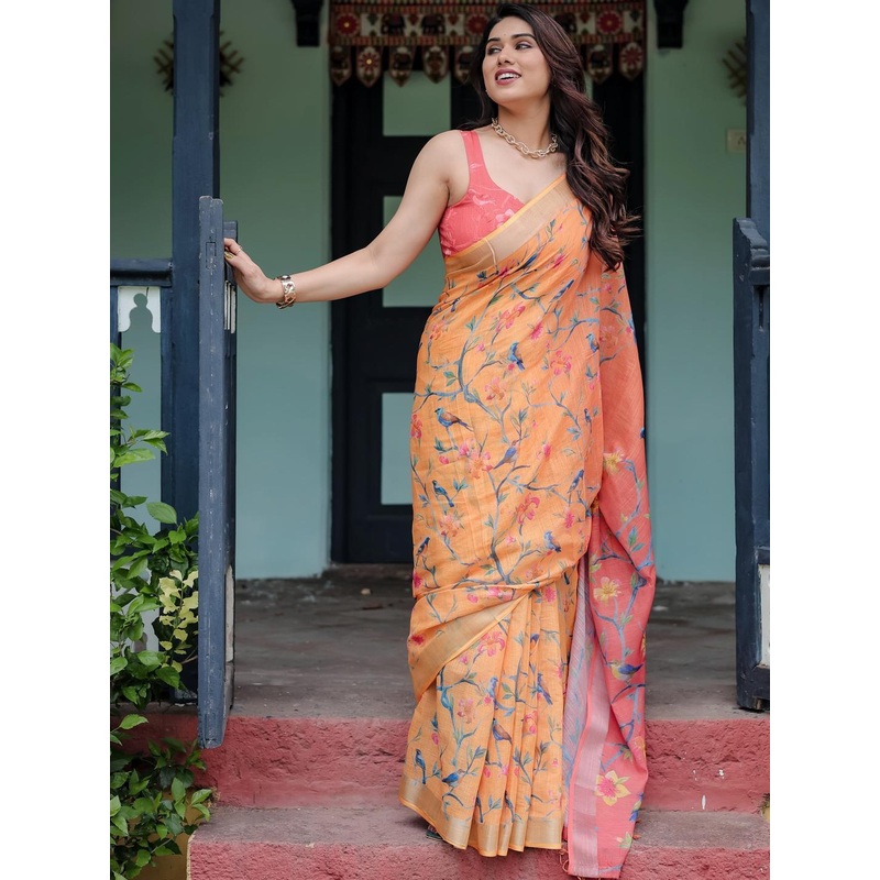 ZIRVI Women Orange Sarees