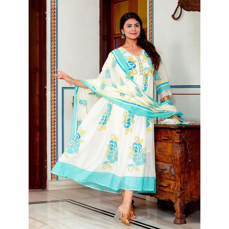 AFFO Floral Printed Thread Work Anarkali Kurta With Dupatta