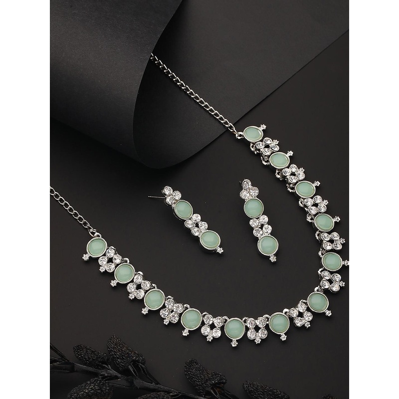 Anouk Alloy Rhodium-Plated Green AD-Studded Jewellery Set