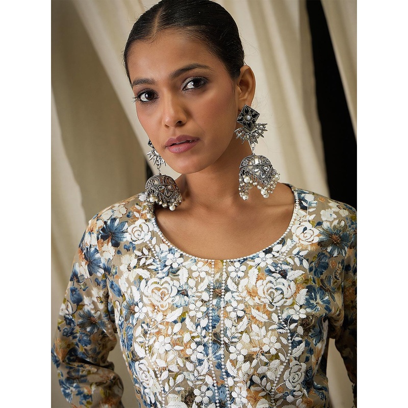 Anouk Floral Embroidered Round Neck Pure Cotton Straight Kurta