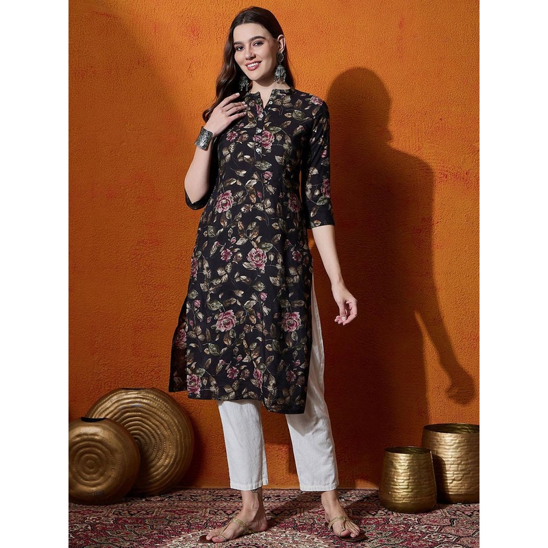 Anouk Floral Printed Chanderi Silk Straight Kurta