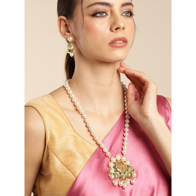 Anouk Gold Plated Beaded & MOP Studded Painted Premium Necklace & Earring Set