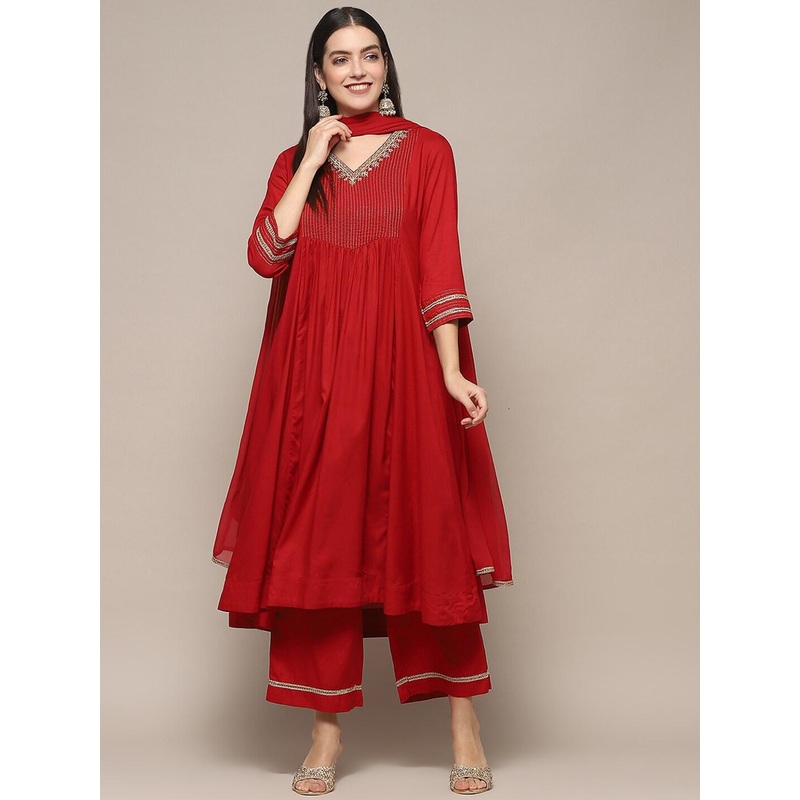Biba Women Embroidered V Neck Regular Kurta with Palazzos & With Dupatta