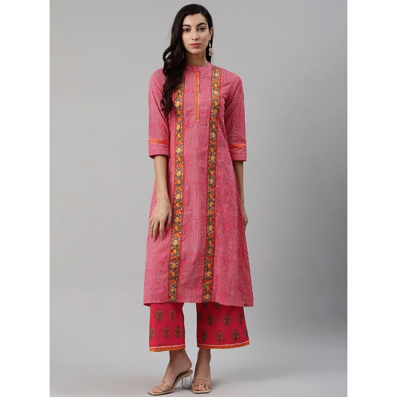 Biba Women Red & Off-White Striped Kurta with Palazzos
