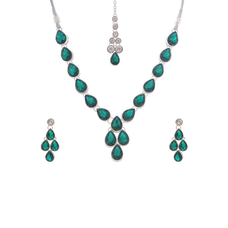 EIT Collection Women Elegant Green Zirconic Necklace Earrings & Mangtika
