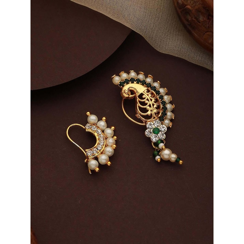 Jazz and Sizzle Set Of 2 Gold-Plated AD Stone-Studded & Pearl Beaded Nosepin