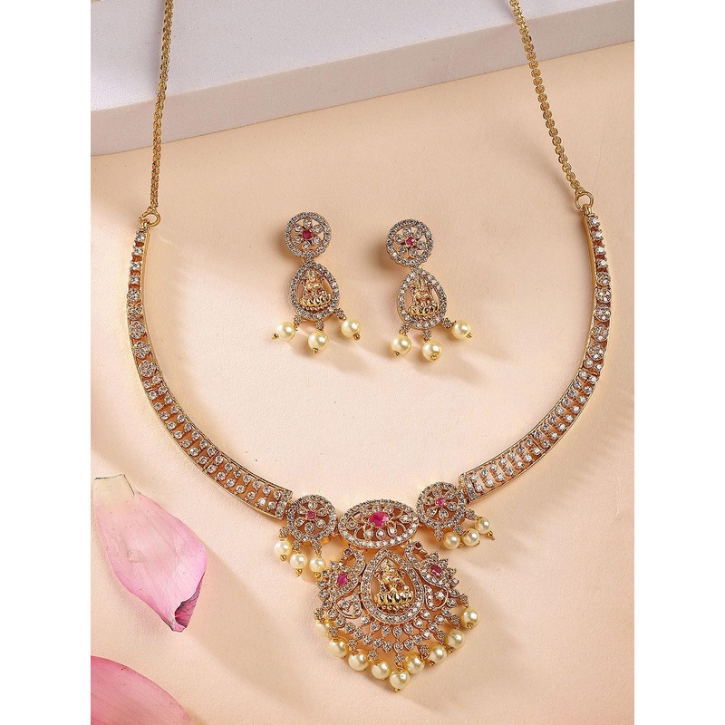 KARATCART Gold-Plated American Diamond Studded Temple Necklace And Earrings Jewellery Set
