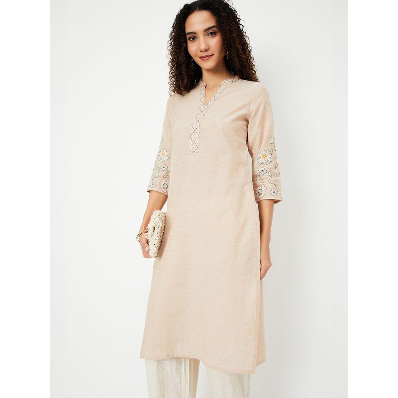 max Floral Embroidered Mandarin Collar Thread Work Straight Cotton Kurta