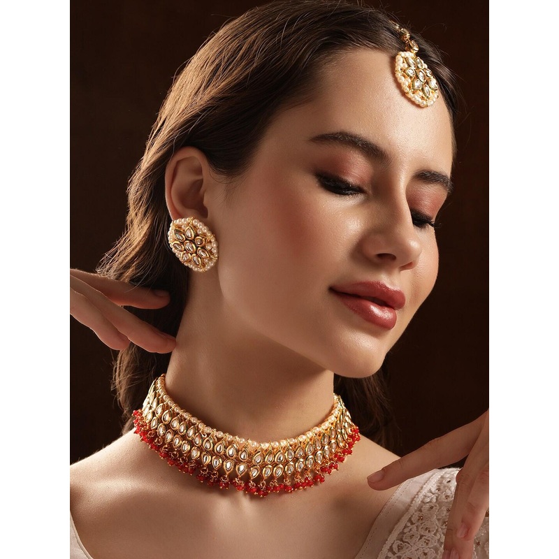 Rubans Kundan Studded Red Beads Choker Set