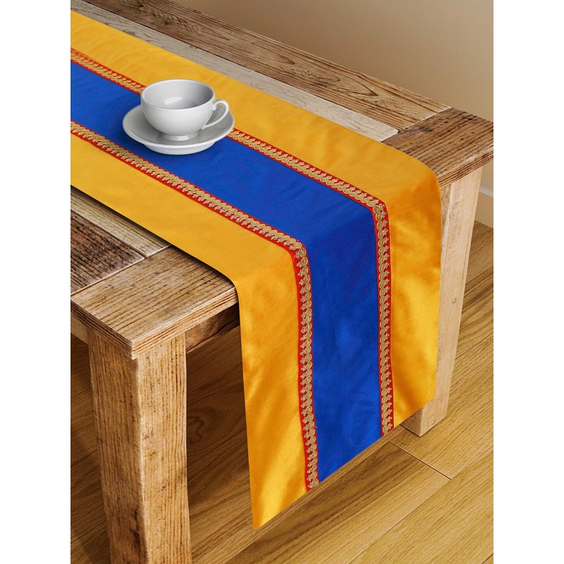 SAKA DESIGNS Blue & Mustard Regal Striped Silk Blend Table Runner