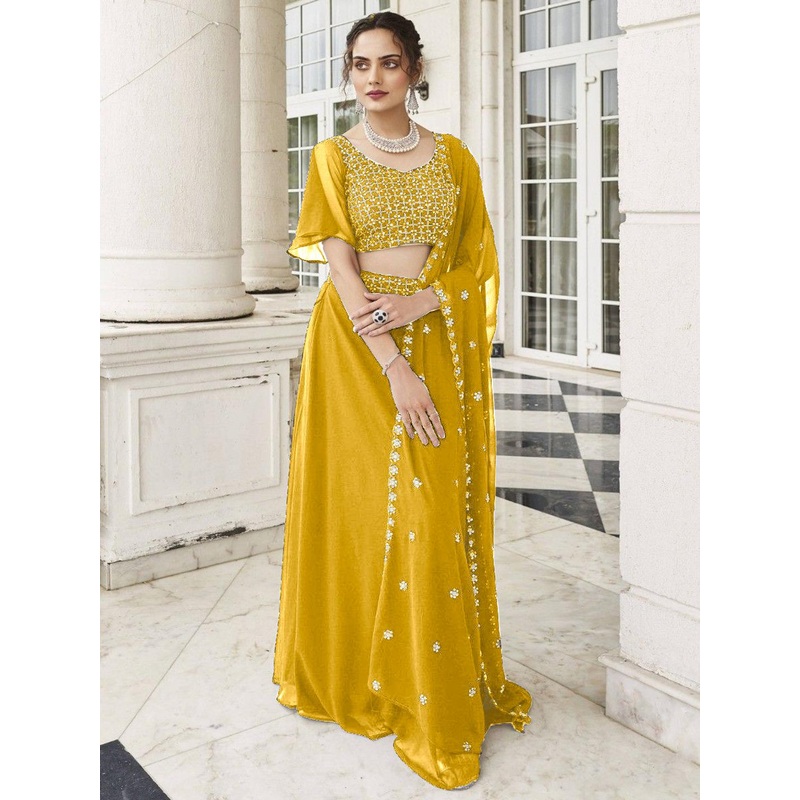 SANCIA Floral Embroidered Georgette Top With Palazzo & Dupatta